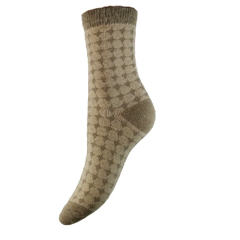 Women's crew socks with a polka - dot printCream soft wool blend socks with fawn diamond pattern Women's crew socks with a polka - dot printCream soft wool blend socks with fawn diamond pattern