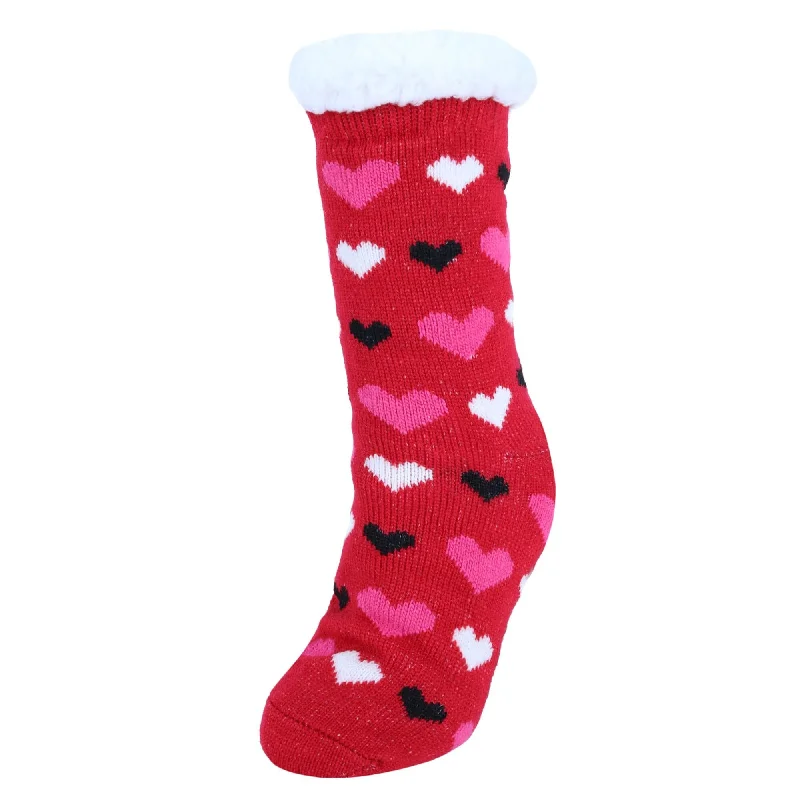 CTM® Women's Plush Sherpa Winter Fleece Lined Hearts Slipper Socks