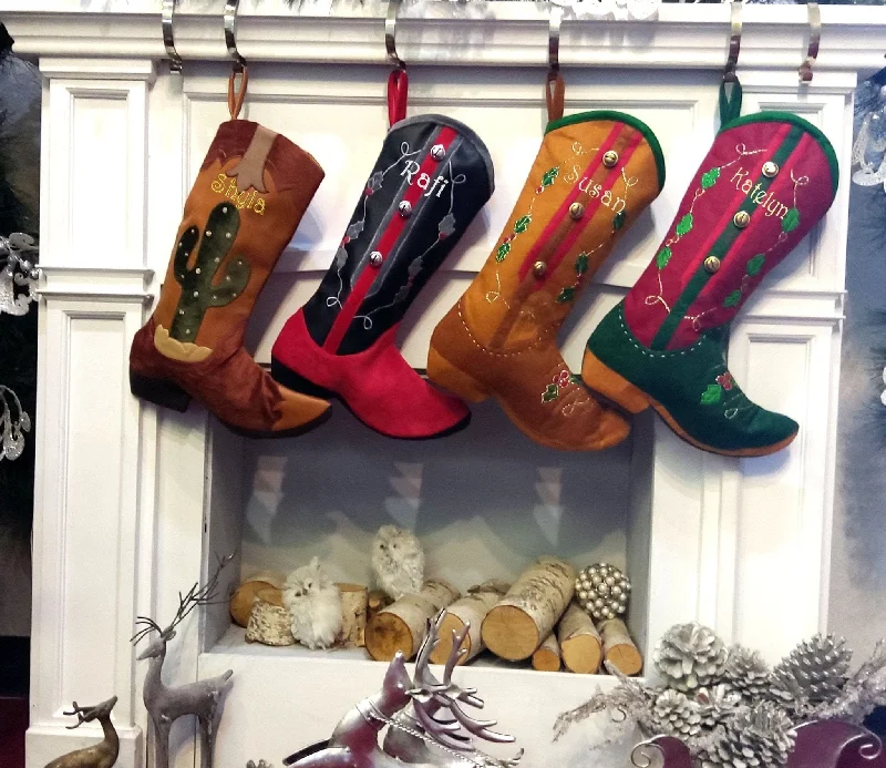 Custom Cowboy Boots Christmas Stockings Country Western Personalized with Embroidered Names or Monogram for Cowboys or Cowgirls