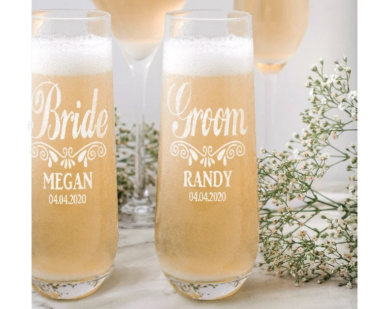 Custom Engraved Stemless Champagne Glasses Set of 2 Bride Groom Wedding Decorations for Party 55th Anniversary Gift Newlywed Bridal Shower