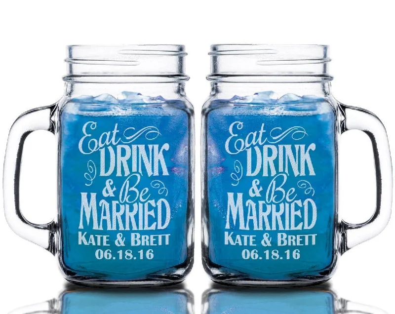 Eat Drink Be Married Set of 2 Wedding Guest Favors Decor Bride Groom Couples Drinkware Newly Married Celebratory Toast Glasses Marriage Gift