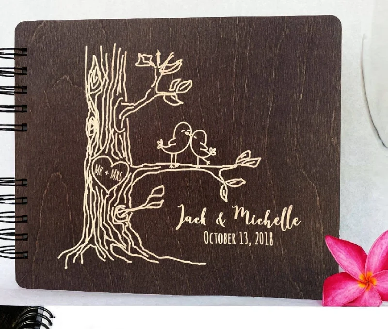 Personalized Love Birds Wooden Wedding Guest Book 8.5x7" Wood Alternate Unique Barn Mr Mrs Guestbook Custom Newlywed Wedding Guest Register