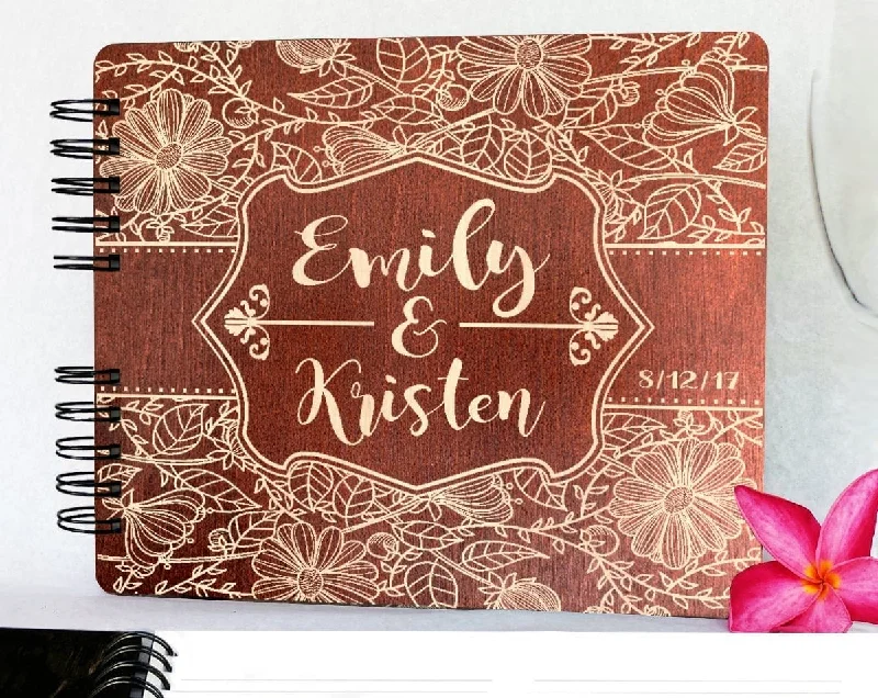 Personazlied Flower Design Wedding Guest Book 8.5x7 Rustic Wood Engraved Unique Bride Groom Guest Album Anniversary Guestbook