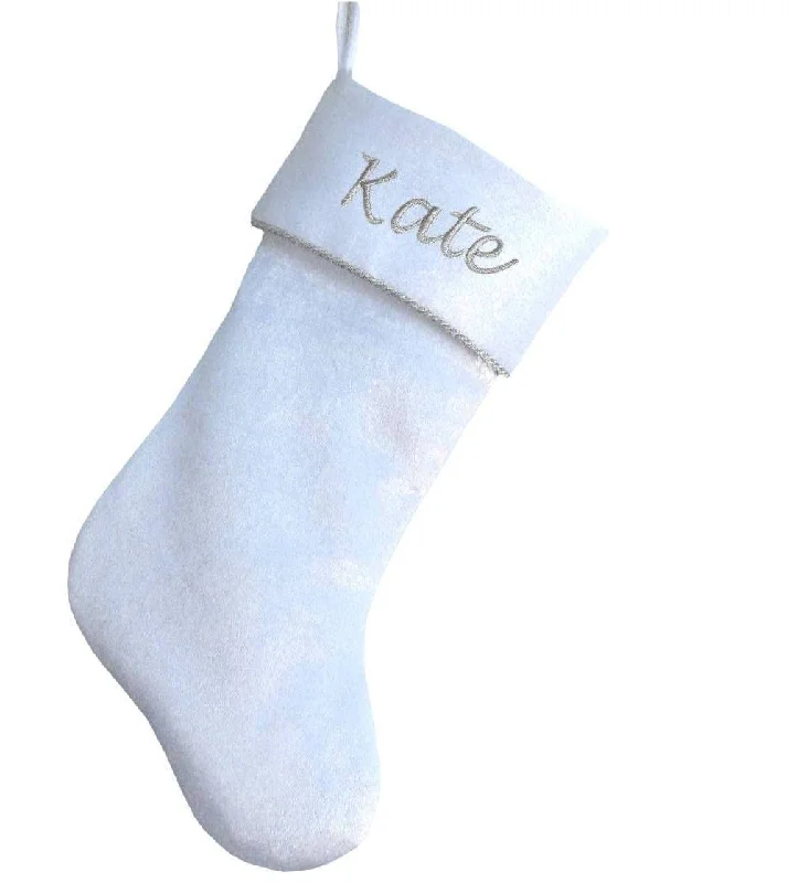 Simple White Velvet Christmas Stocking - Personalized Stocking With Silver Trim Twist Rope on the Cuff - Silver White Christmas Theme