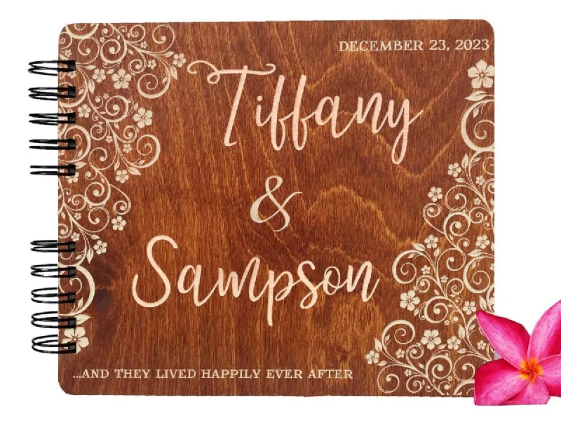 Wooden Ever After Flower Wedding Custom Guest Book 8.7x7 Mahogany Stain Husband Wife Anniversary Guestbook Bridal Shower Favor Advice Book